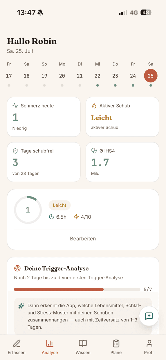 MySkinWarrior Tracker – Dashboard mit Schmerz, Schub und IHS4