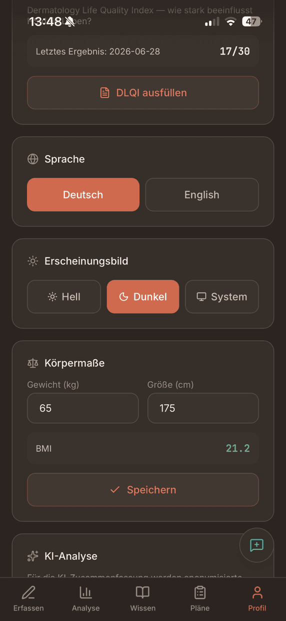 Profile with DLQI questionnaire, German/English language, body measurements and dark mode