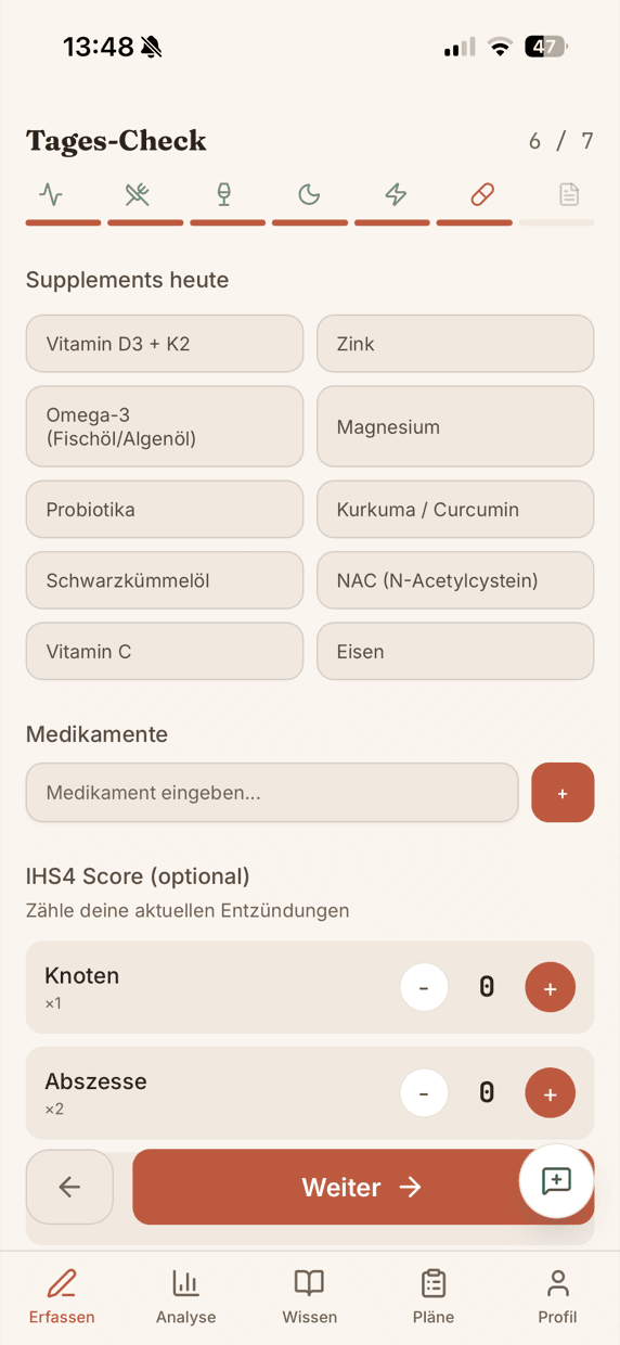 Supplements selection and IHS4 counter for nodules, abscesses and fistulas