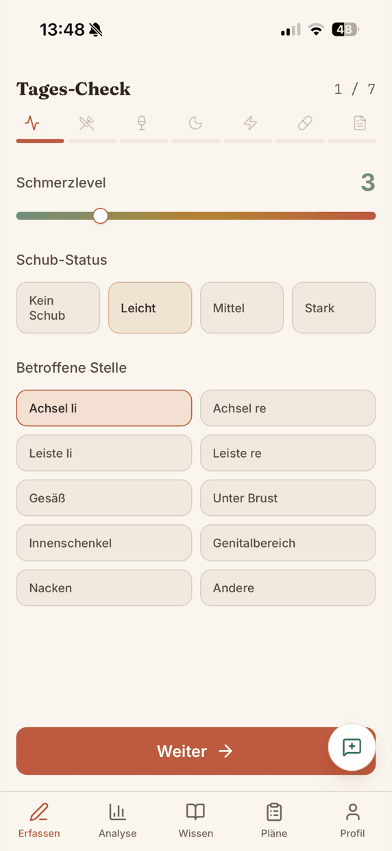 MySkinWarrior daily check: pain level slider, flare status and affected areas